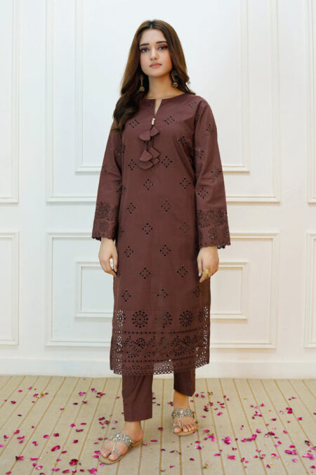 Brown Schiffli Lawn 2PC Dress